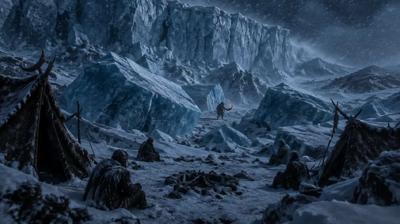 The Calving Edge: balok es runtuh dan kemah Rookhollow yang membeku, satu pemburu kecil membawa Ember Horn.